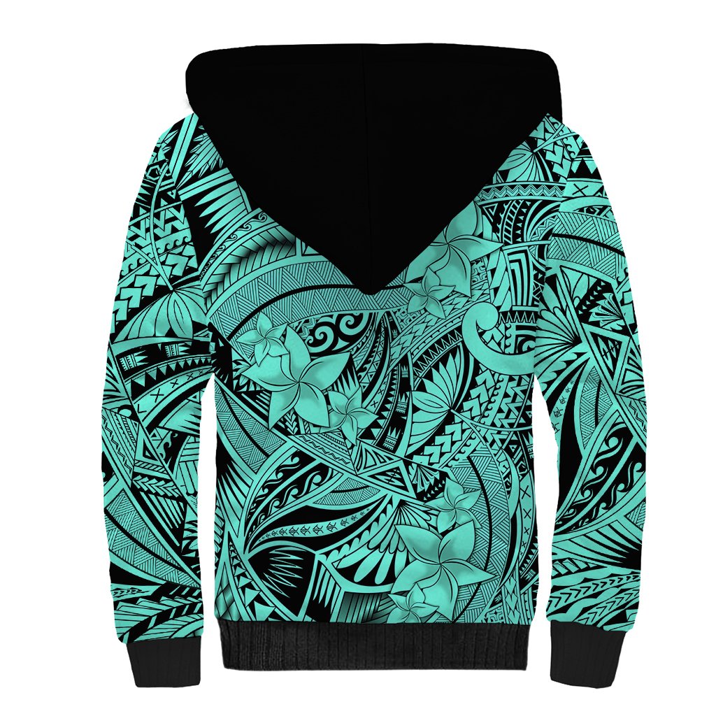 Polynesia Sherpa Hoodie Tribal Polynesian Spirit With Teal Pacific Flowers - Wonder Print Shop