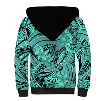 Polynesia Sherpa Hoodie Tribal Polynesian Spirit With Teal Pacific Flowers - Wonder Print Shop