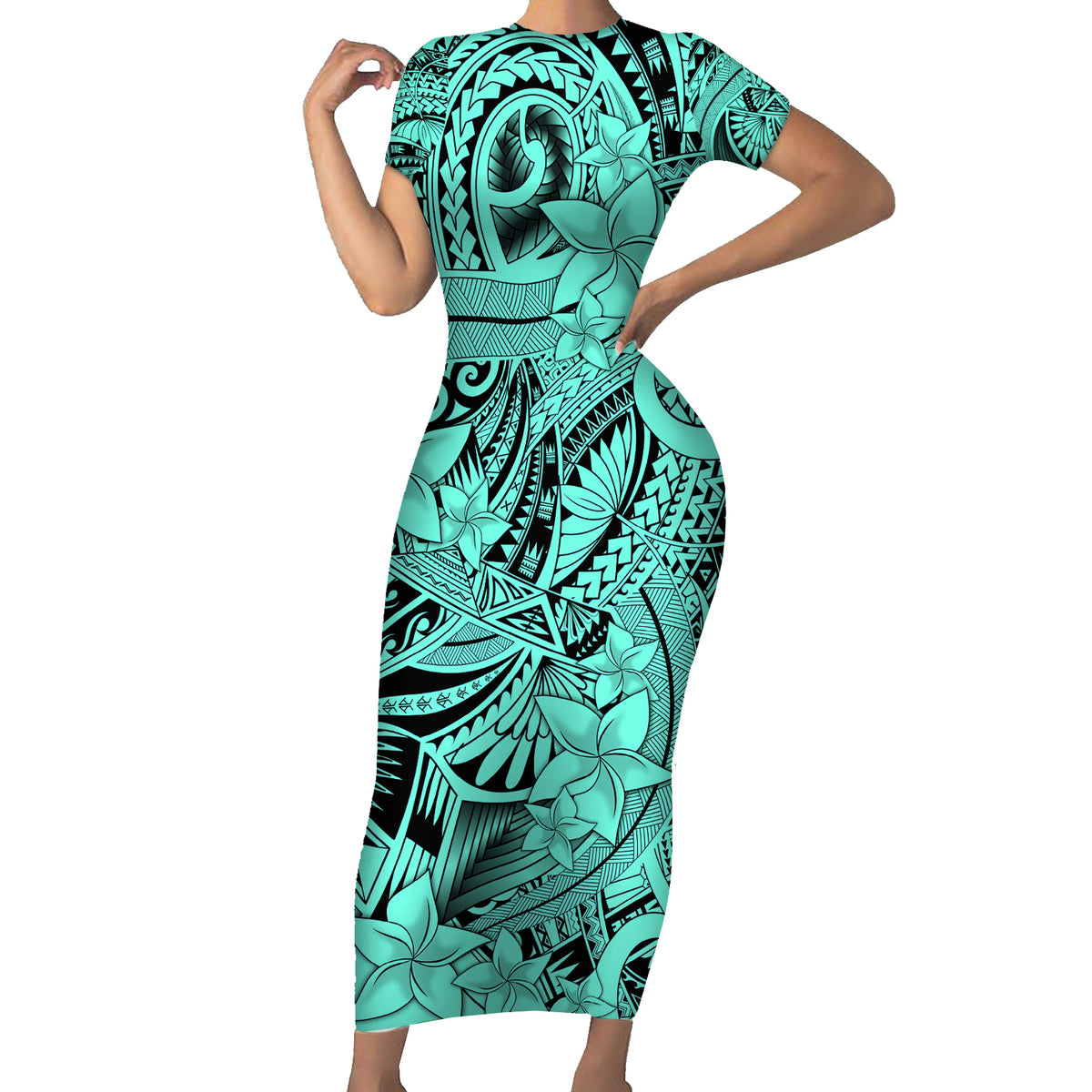 Polynesia Short Sleeve Bodycon Dress Tribal Polynesian Spirit With Teal Pacific Flowers - Wonder Print Shop