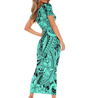 Polynesia Short Sleeve Bodycon Dress Tribal Polynesian Spirit With Teal Pacific Flowers - Wonder Print Shop