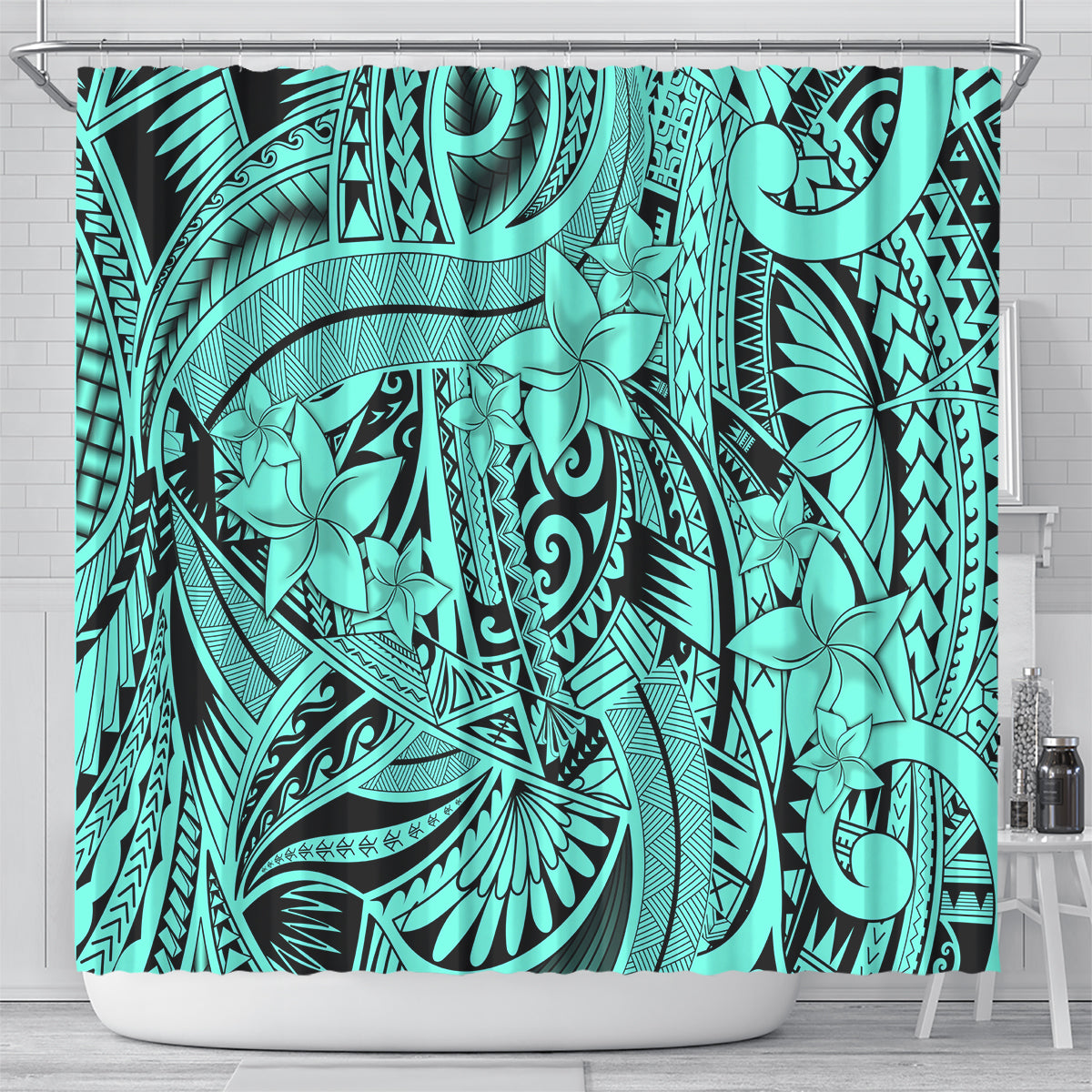 Polynesia Shower Curtain Tribal Polynesian Spirit With Teal Pacific Flowers LT9