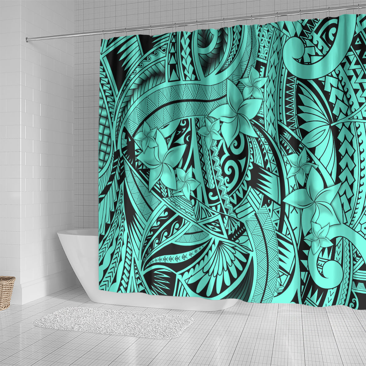 Polynesia Shower Curtain Tribal Polynesian Spirit With Teal Pacific Flowers LT9