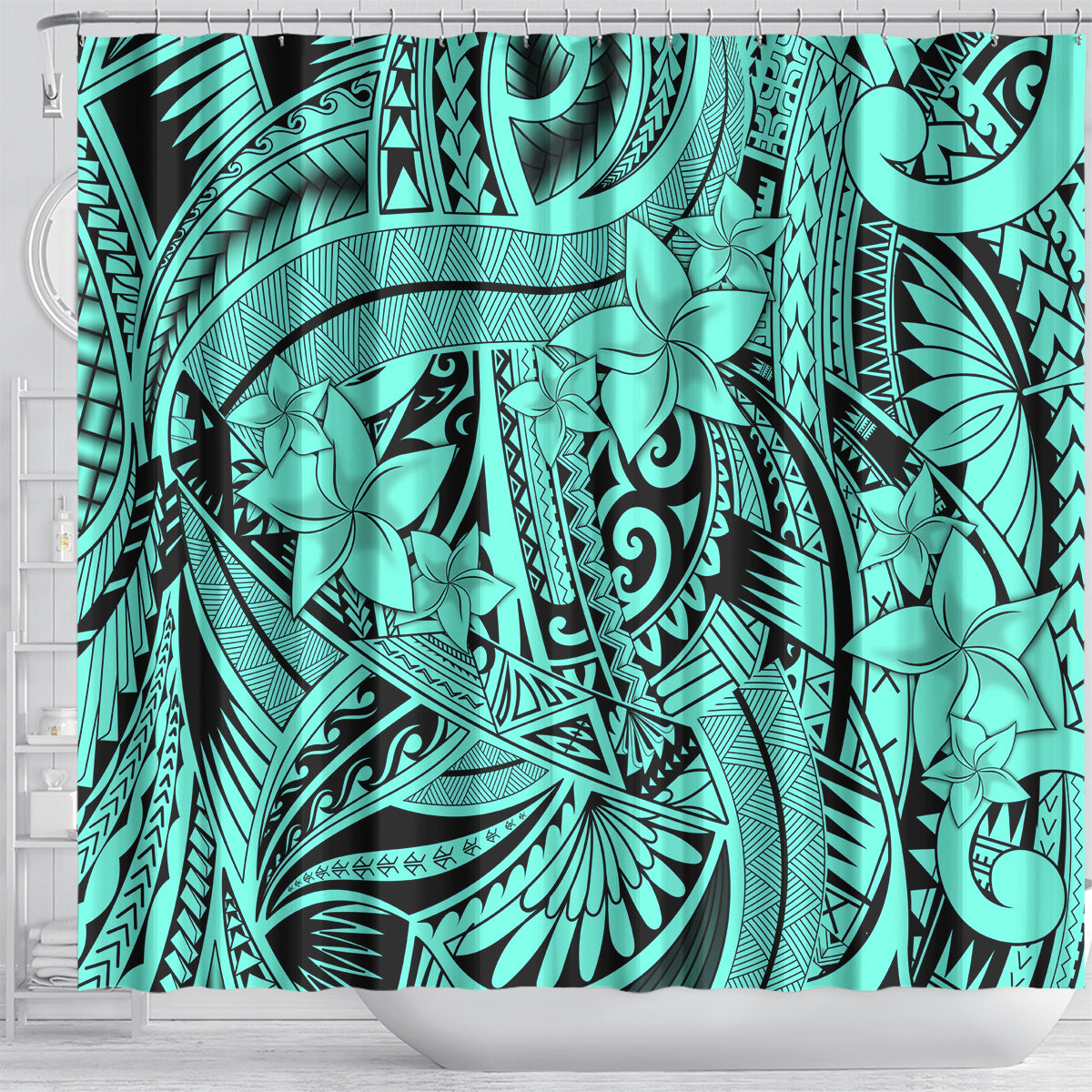 Polynesia Shower Curtain Tribal Polynesian Spirit With Teal Pacific Flowers LT9