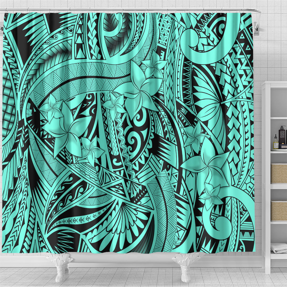 Polynesia Shower Curtain Tribal Polynesian Spirit With Teal Pacific Flowers LT9