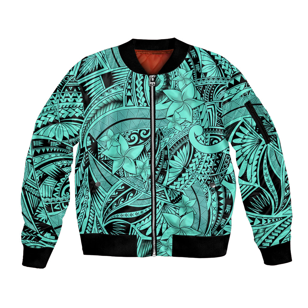 Polynesia Sleeve Zip Bomber Jacket Tribal Polynesian Spirit With Teal Pacific Flowers - Wonder Print Shop
