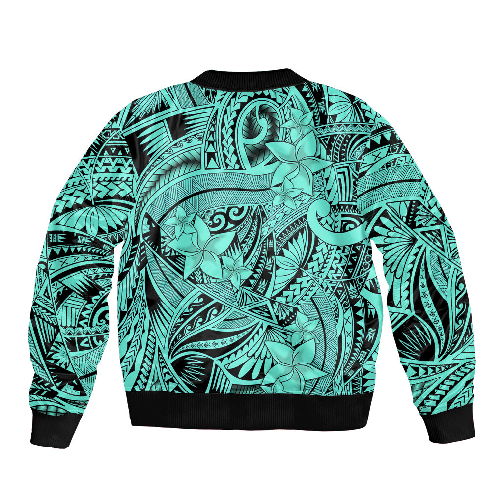 Polynesia Sleeve Zip Bomber Jacket Tribal Polynesian Spirit With Teal Pacific Flowers - Wonder Print Shop