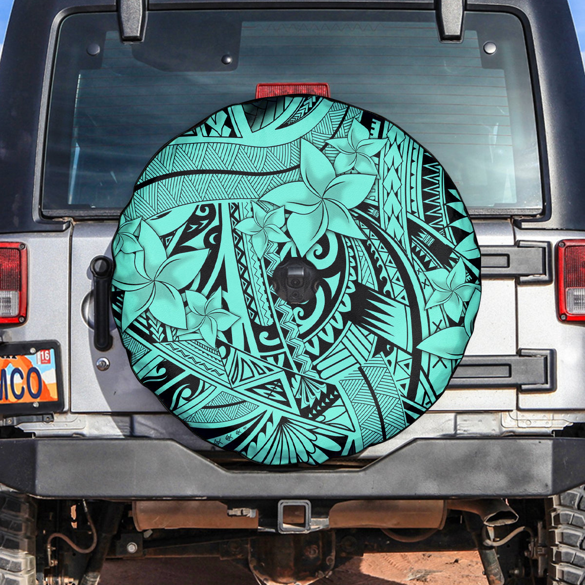 Polynesia Spare Tire Cover Tribal Polynesian Spirit With Teal Pacific Flowers - Wonder Print Shop