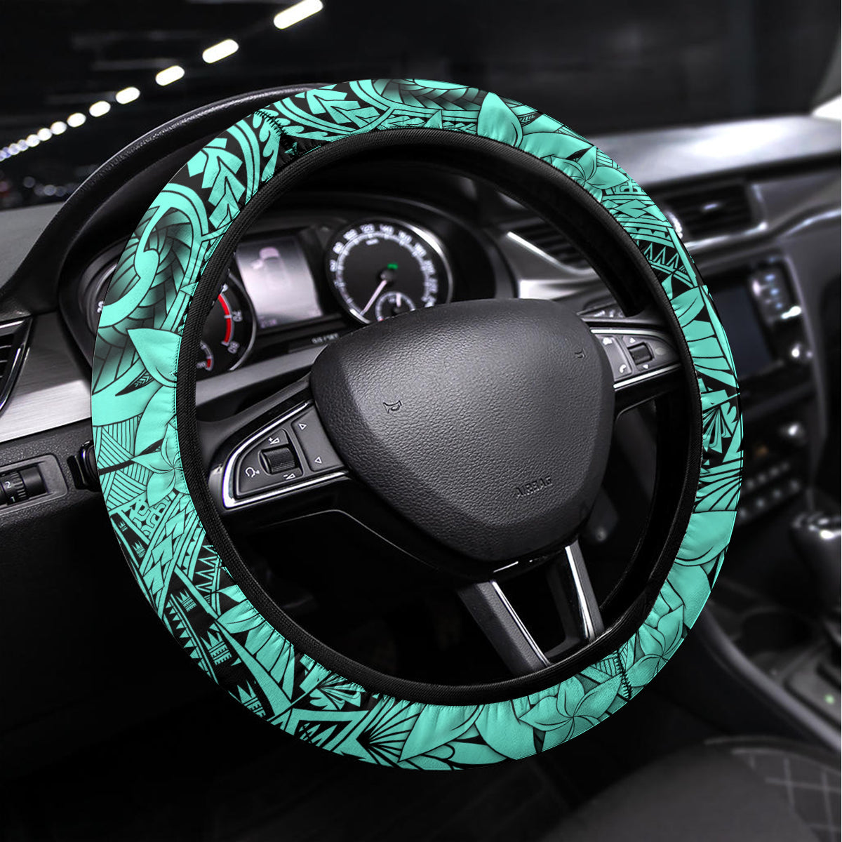 Polynesia Steering Wheel Cover Tribal Polynesian Spirit With Teal Pacific Flowers - Wonder Print Shop