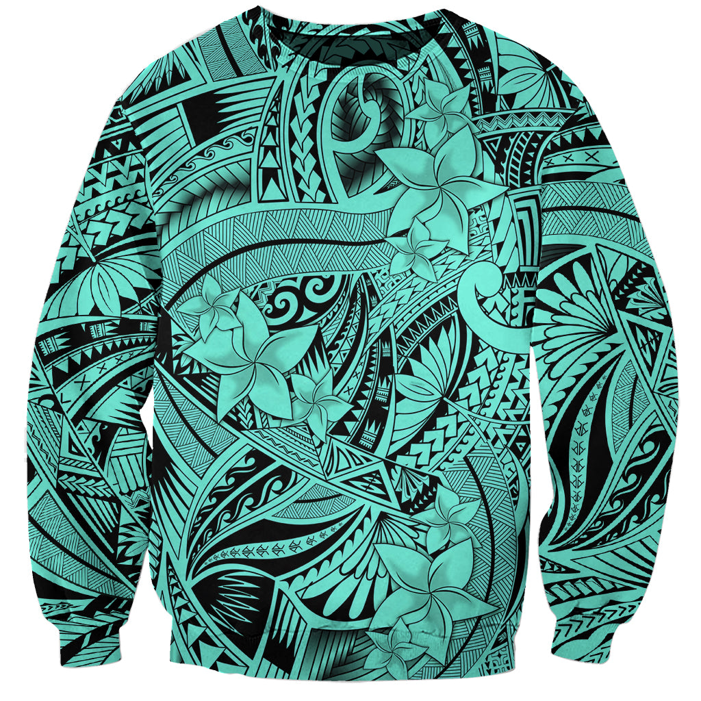 Polynesia Sweatshirt Tribal Polynesian Spirit With Teal Pacific Flowers - Wonder Print Shop