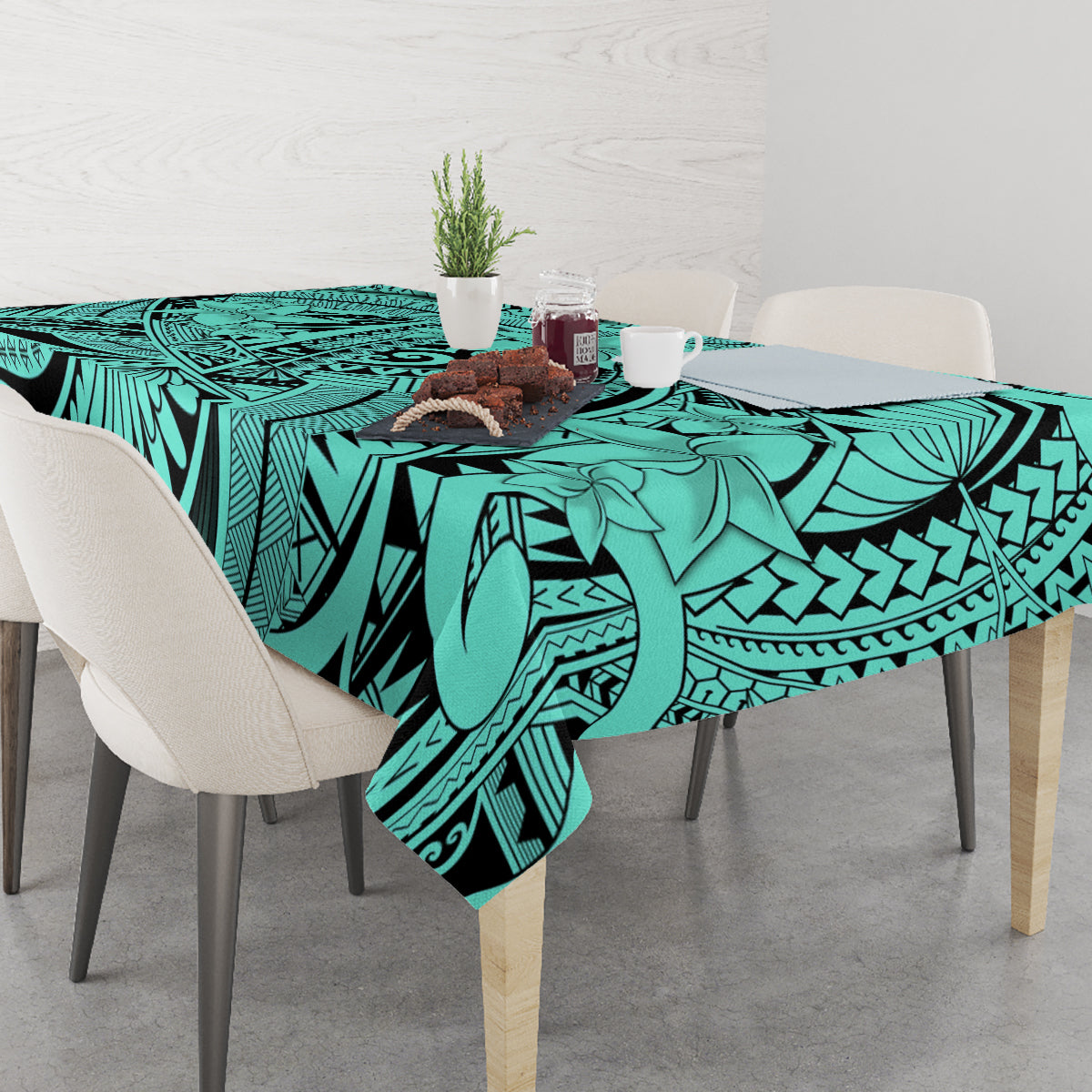 Polynesia Tablecloth Tribal Polynesian Spirit With Teal Pacific Flowers - Wonder Print Shop