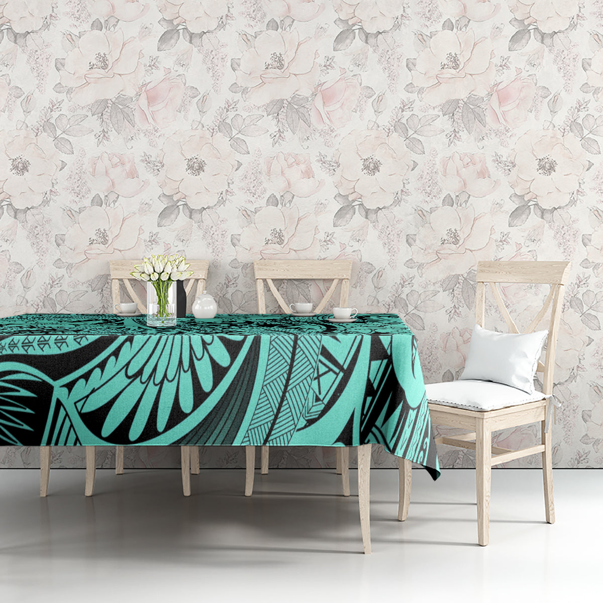 Polynesia Tablecloth Tribal Polynesian Spirit With Teal Pacific Flowers - Wonder Print Shop