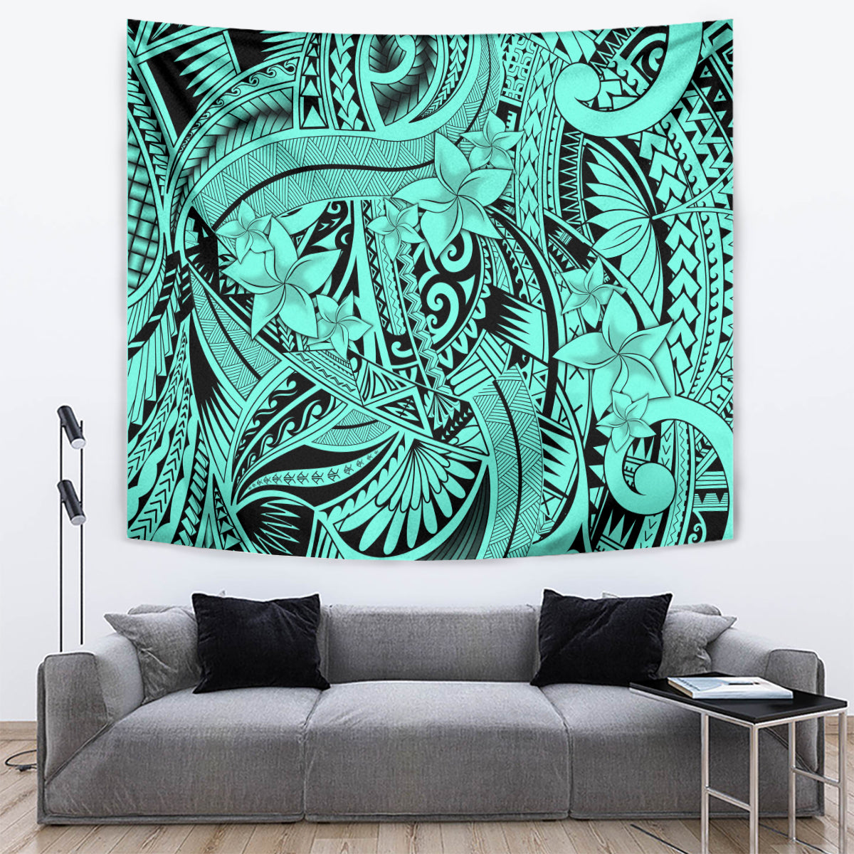 Polynesia Tapestry Tribal Polynesian Spirit With Teal Pacific Flowers - Wonder Print Shop