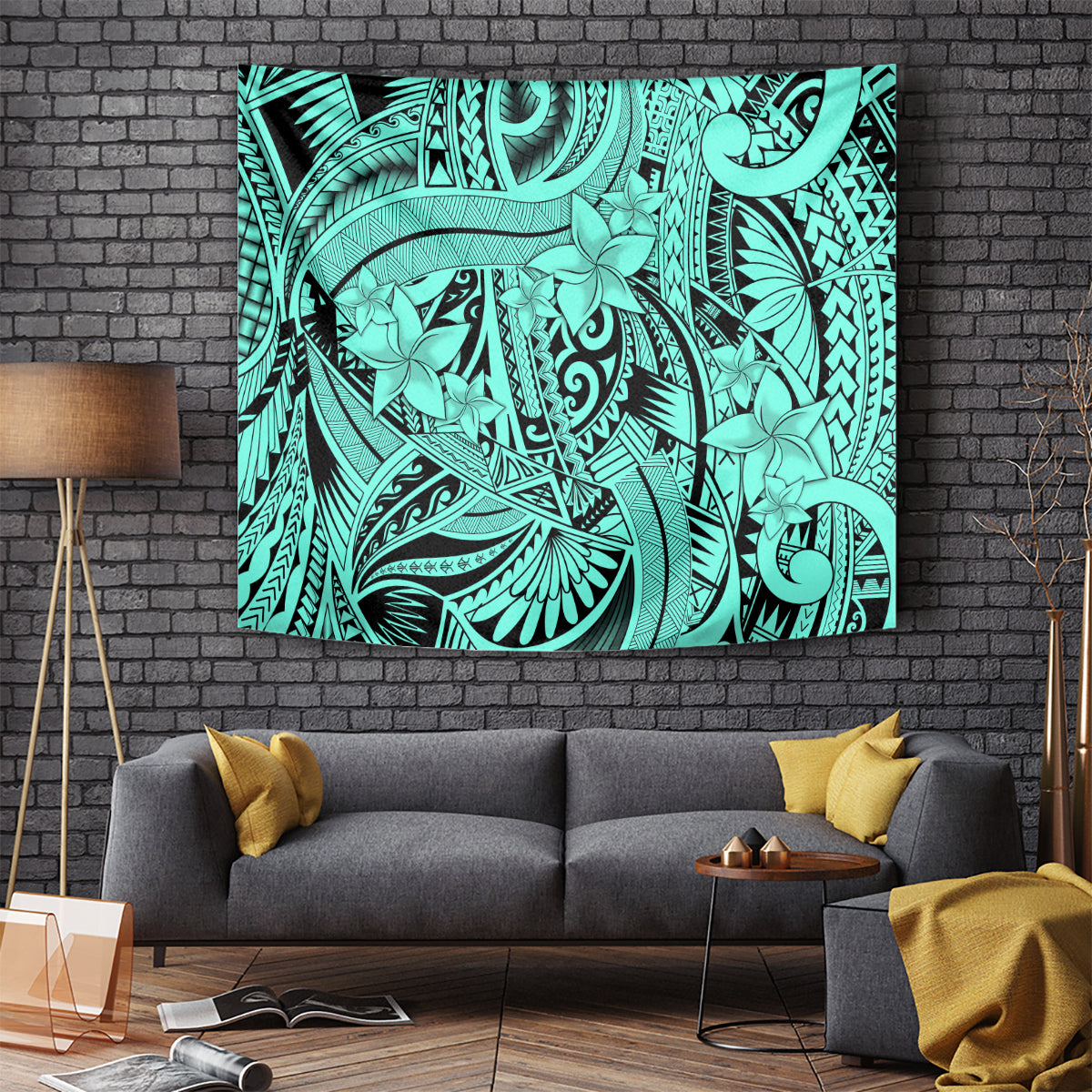 Polynesia Tapestry Tribal Polynesian Spirit With Teal Pacific Flowers - Wonder Print Shop