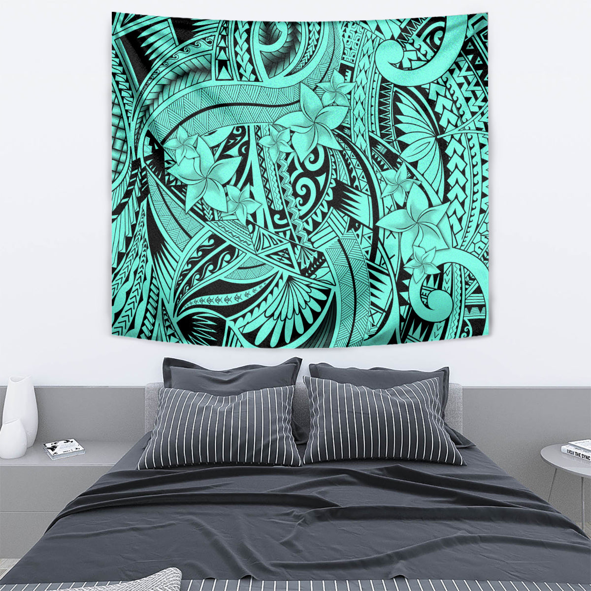 Polynesia Tapestry Tribal Polynesian Spirit With Teal Pacific Flowers - Wonder Print Shop