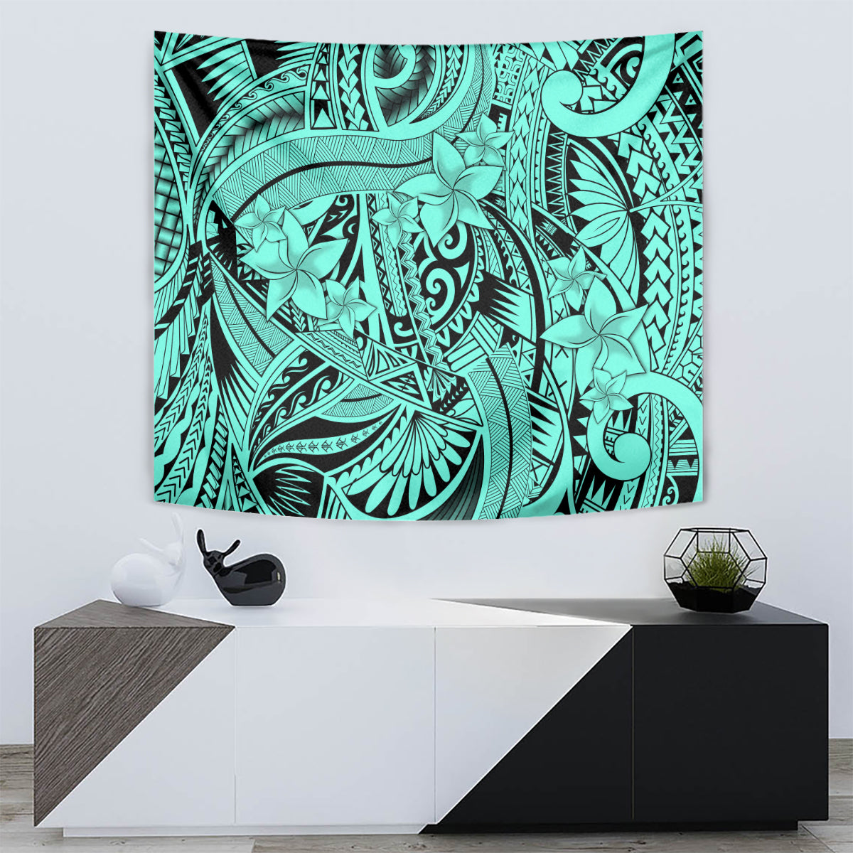 Polynesia Tapestry Tribal Polynesian Spirit With Teal Pacific Flowers - Wonder Print Shop