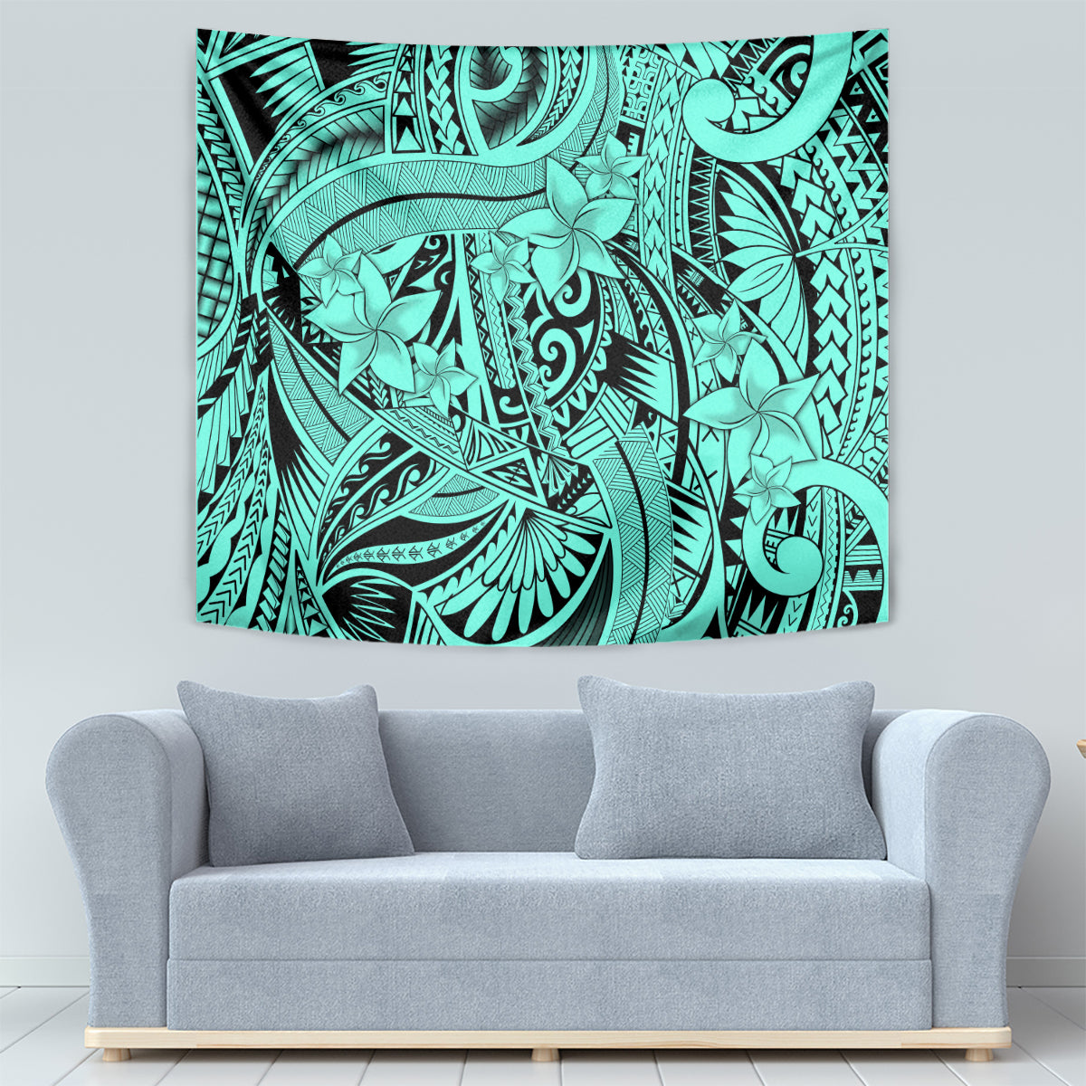 Polynesia Tapestry Tribal Polynesian Spirit With Teal Pacific Flowers - Wonder Print Shop