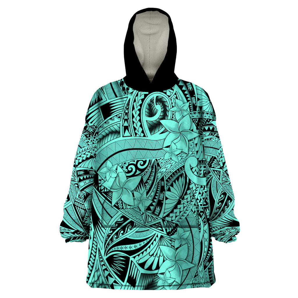Polynesia Wearable Blanket Hoodie Tribal Polynesian Spirit With Teal Pacific Flowers - Wonder Print Shop