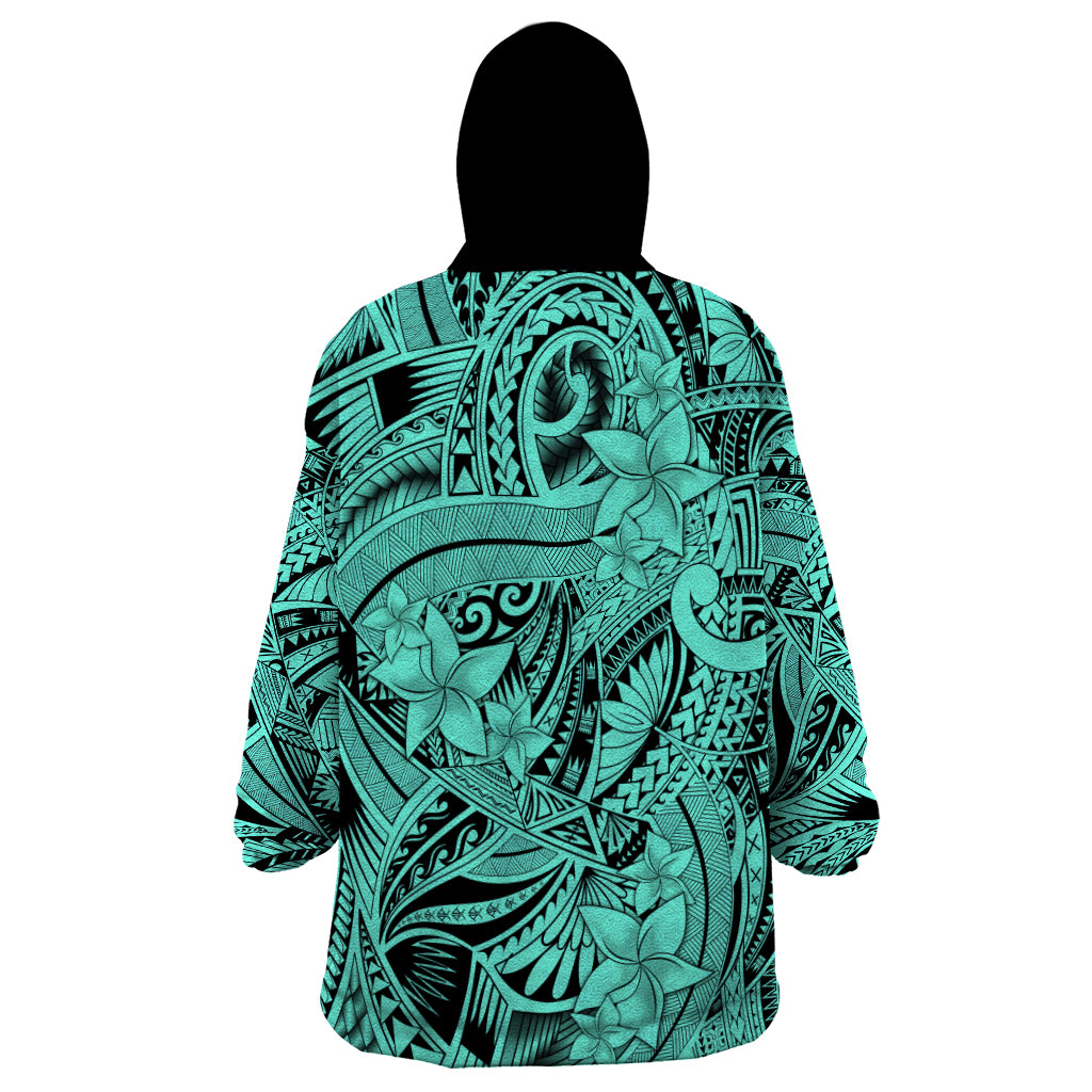 Polynesia Wearable Blanket Hoodie Tribal Polynesian Spirit With Teal Pacific Flowers - Wonder Print Shop