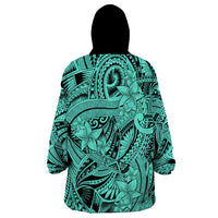 Polynesia Wearable Blanket Hoodie Tribal Polynesian Spirit With Teal Pacific Flowers - Wonder Print Shop