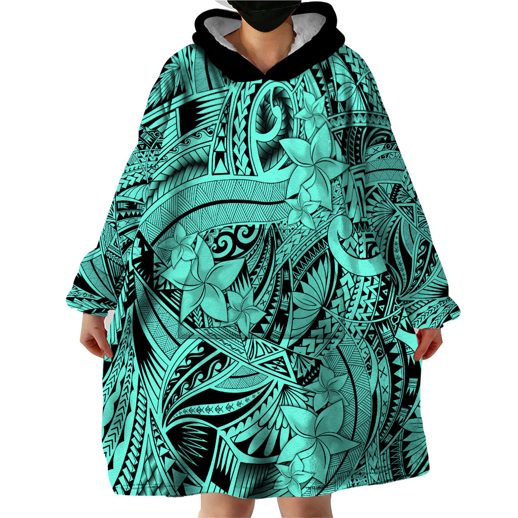 Polynesia Wearable Blanket Hoodie Tribal Polynesian Spirit With Teal Pacific Flowers - Wonder Print Shop