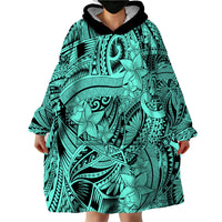 Polynesia Wearable Blanket Hoodie Tribal Polynesian Spirit With Teal Pacific Flowers - Wonder Print Shop