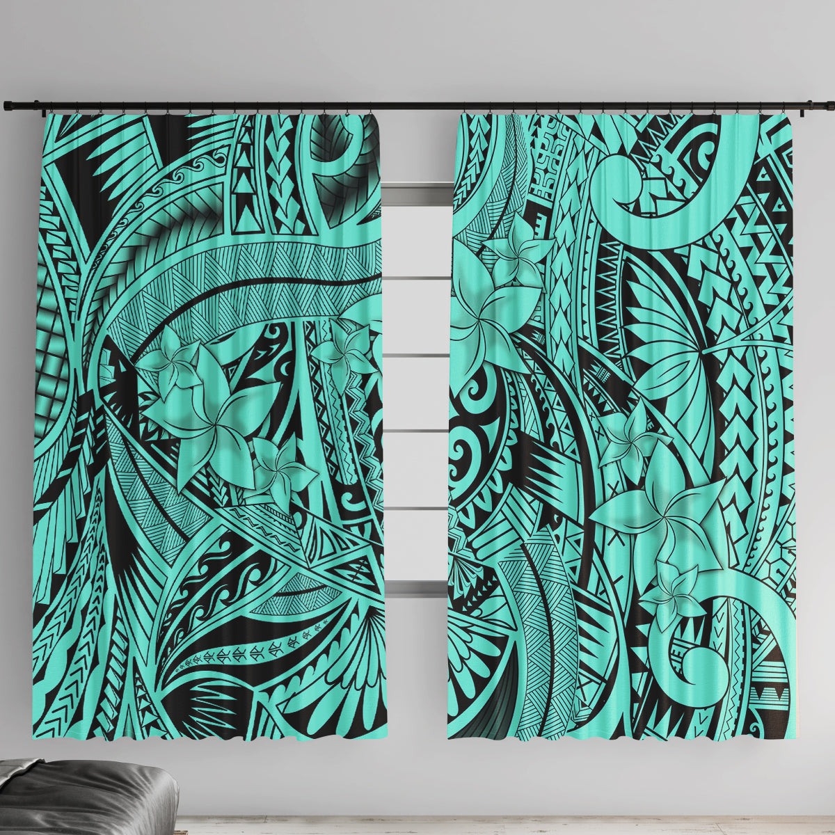 Polynesia Window Curtain Tribal Polynesian Spirit With Teal Pacific Flowers - Wonder Print Shop