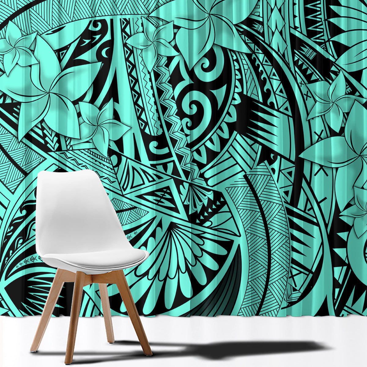 Polynesia Window Curtain Tribal Polynesian Spirit With Teal Pacific Flowers - Wonder Print Shop