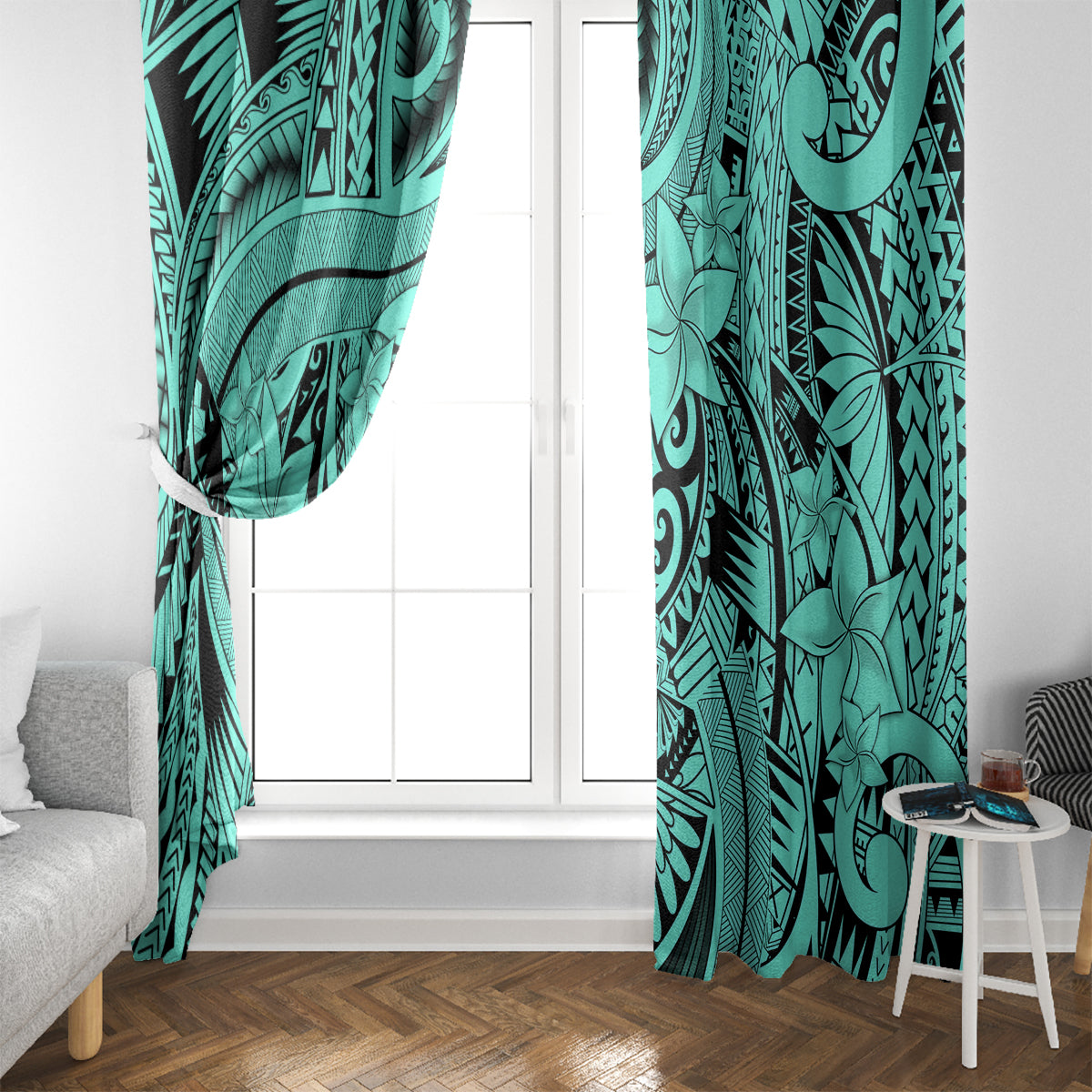 Polynesia Window Curtain Tribal Polynesian Spirit With Teal Pacific Flowers - Wonder Print Shop