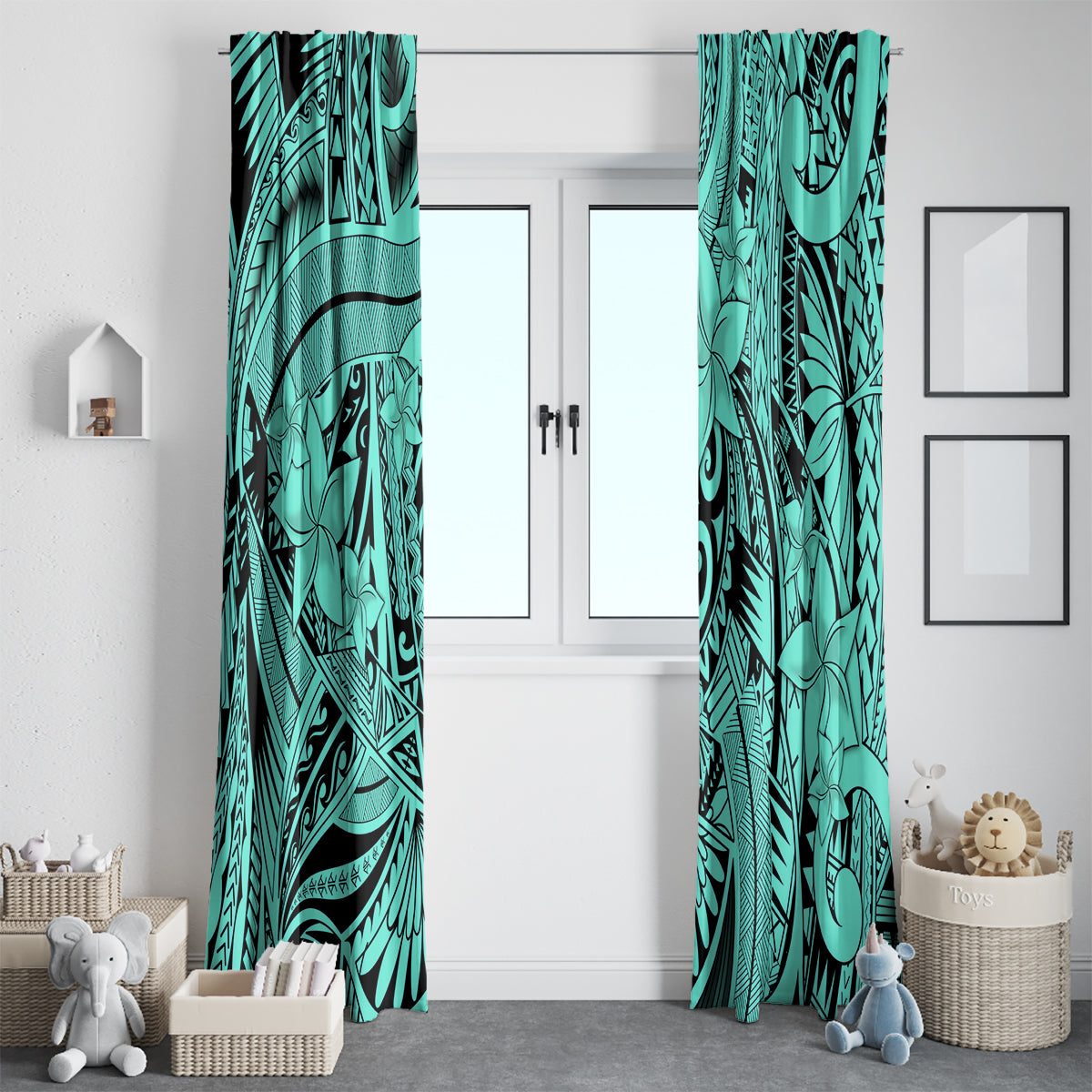 Polynesia Window Curtain Tribal Polynesian Spirit With Teal Pacific Flowers - Wonder Print Shop