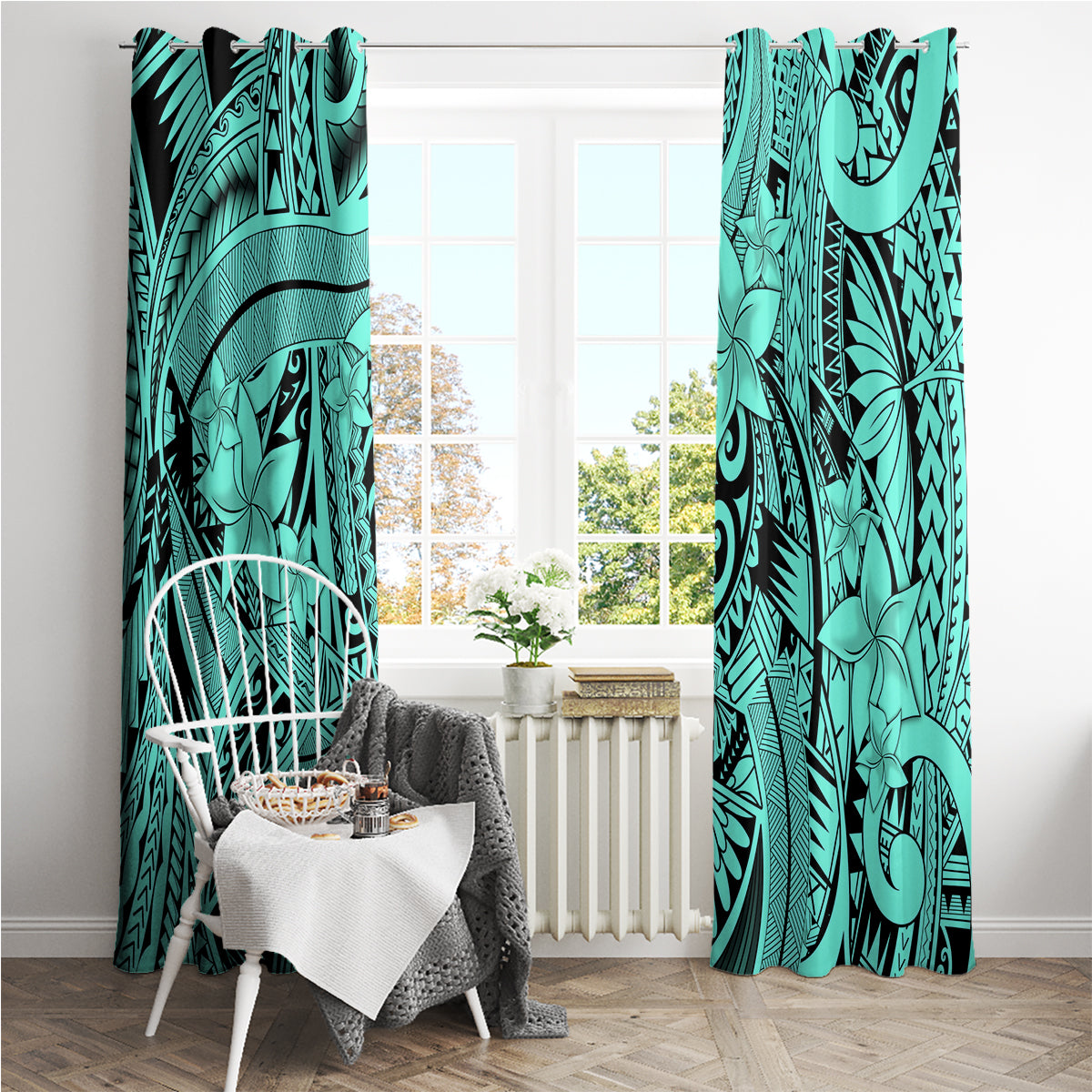 Polynesia Window Curtain Tribal Polynesian Spirit With Teal Pacific Flowers - Wonder Print Shop