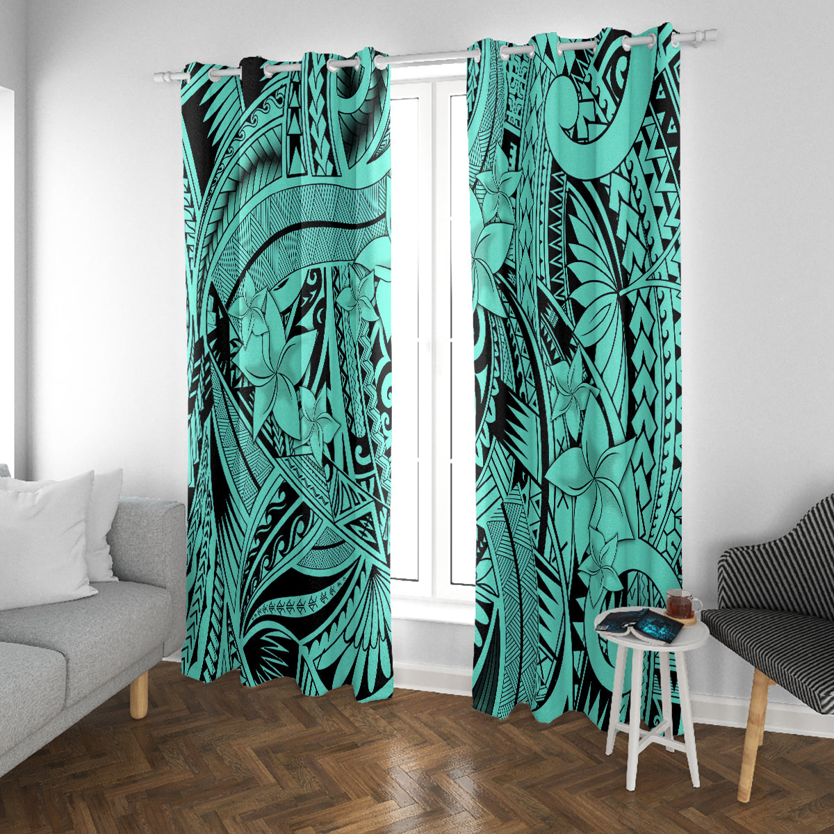 Polynesia Window Curtain Tribal Polynesian Spirit With Teal Pacific Flowers - Wonder Print Shop