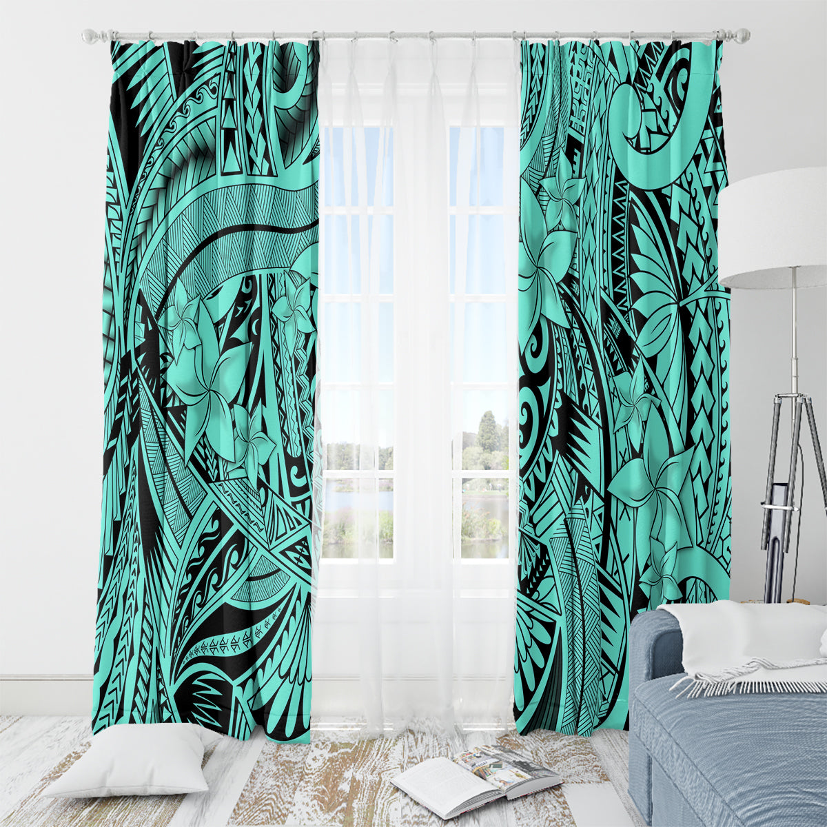 Polynesia Window Curtain Tribal Polynesian Spirit With Teal Pacific Flowers - Wonder Print Shop