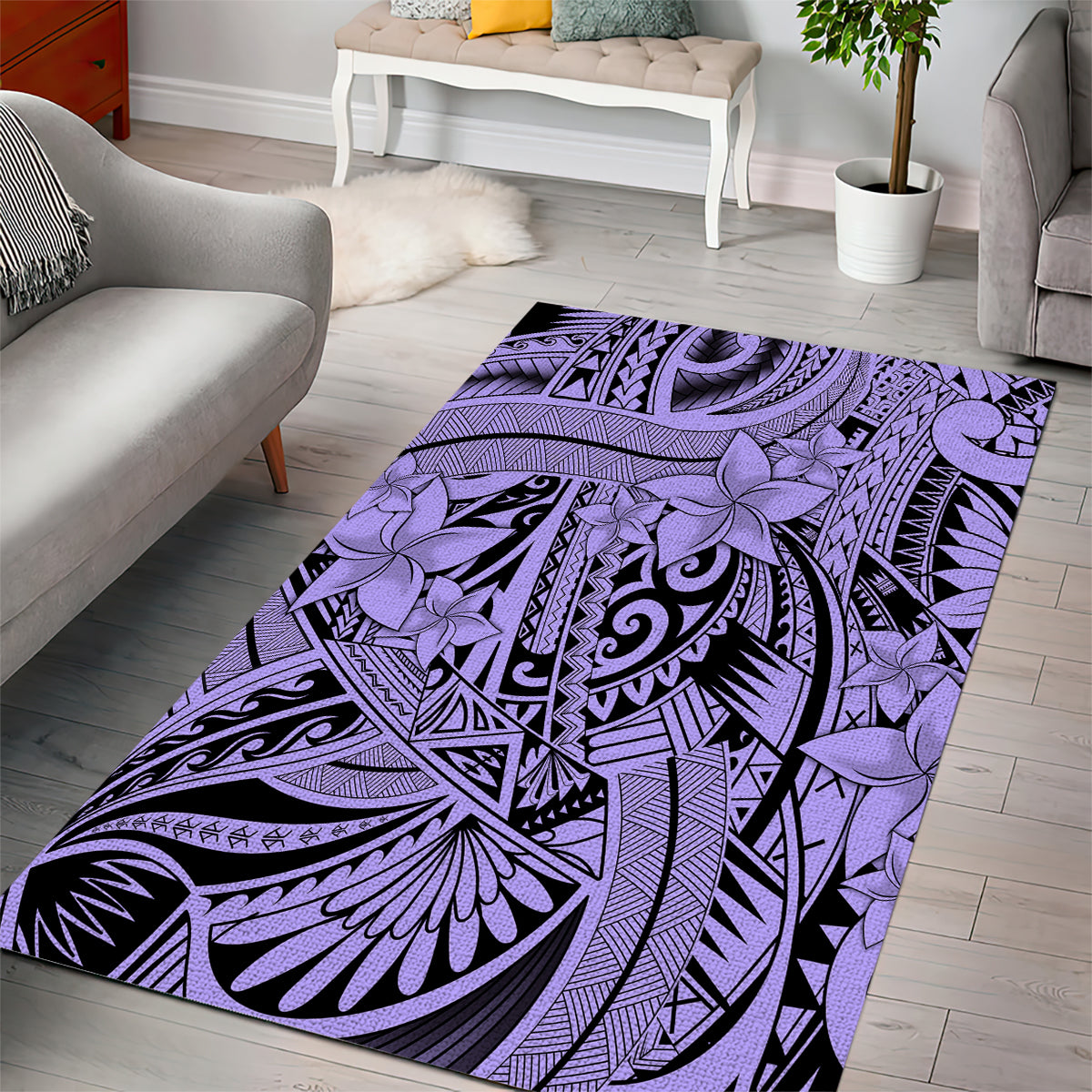 Polynesia Area Rug Tribal Polynesian Spirit With Violet Pacific Flowers LT9 - Wonder Print Shop