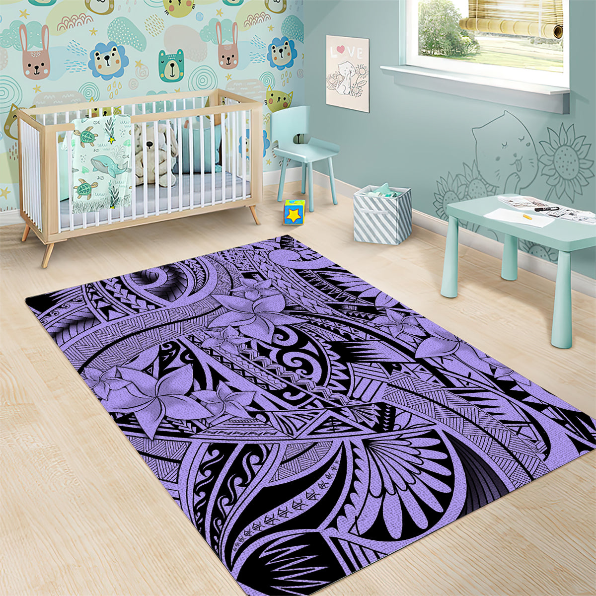 Polynesia Area Rug Tribal Polynesian Spirit With Violet Pacific Flowers LT9 - Wonder Print Shop