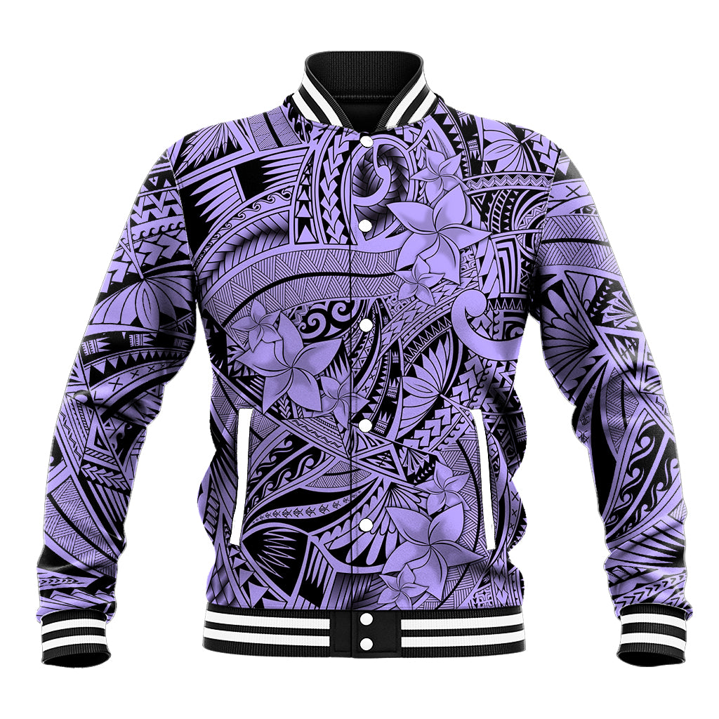 Polynesia Baseball Jacket Tribal Polynesian Spirit With Violet Pacific Flowers LT9 - Wonder Print Shop