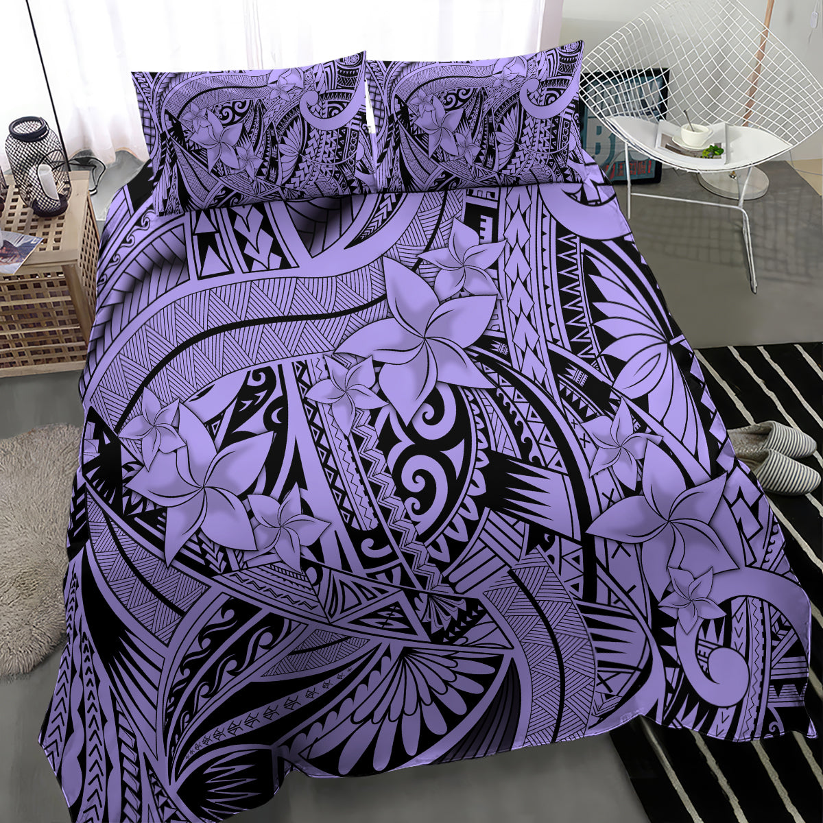 Polynesia Bedding Set Tribal Polynesian Spirit With Violet Pacific Flowers LT9 - Wonder Print Shop