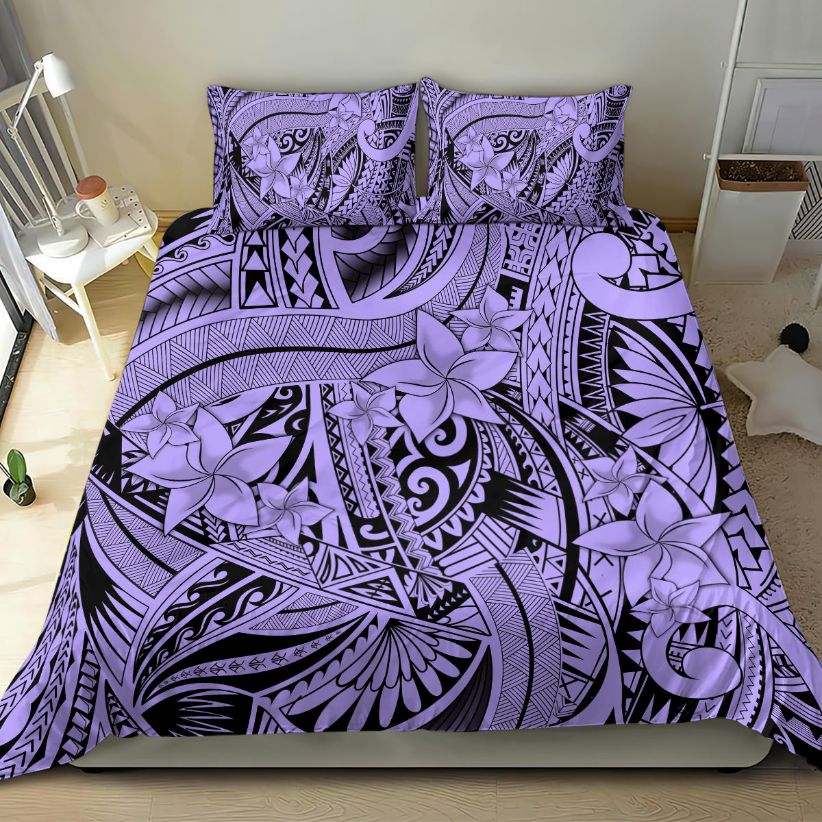 Polynesia Bedding Set Tribal Polynesian Spirit With Violet Pacific Flowers LT9 - Wonder Print Shop