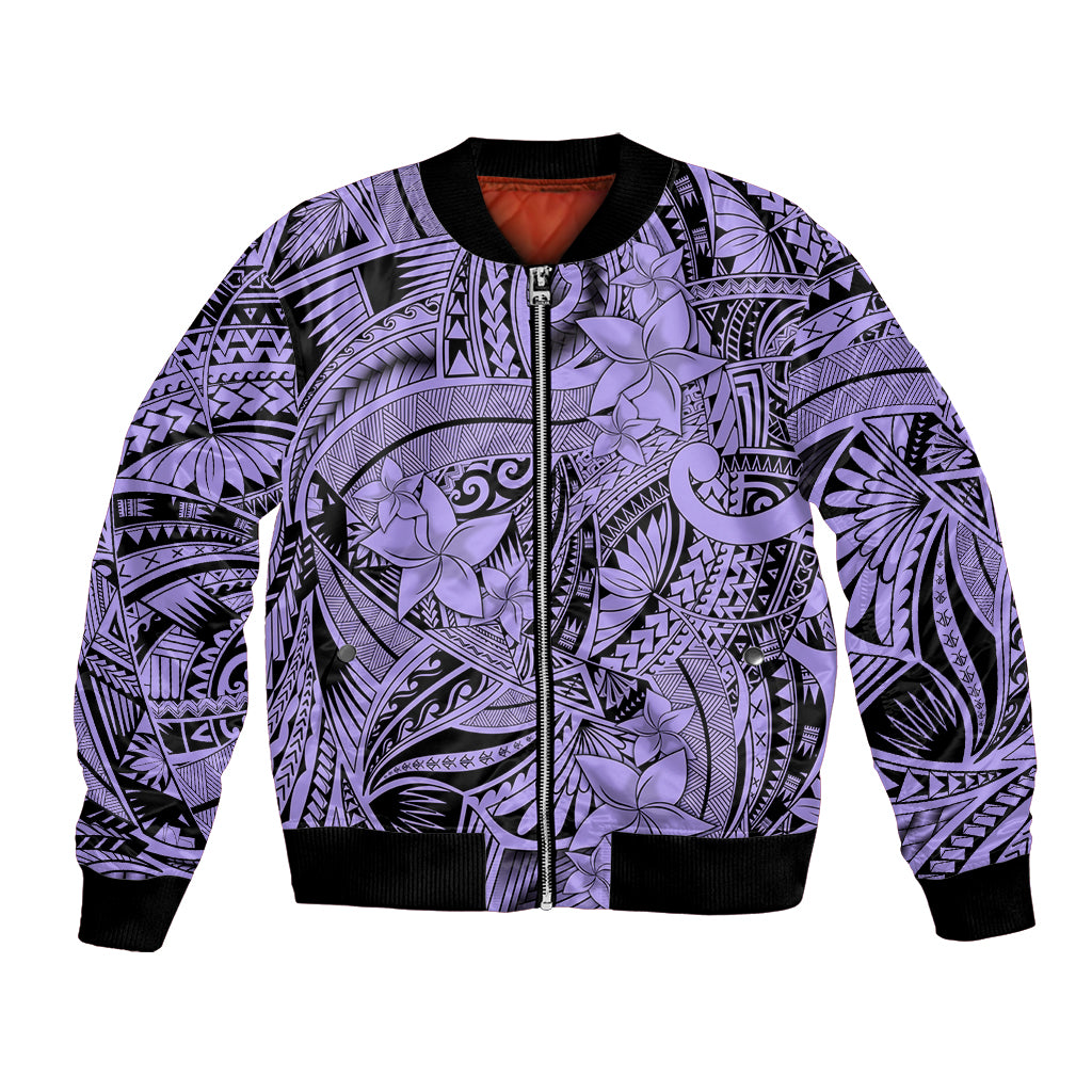 Polynesia Bomber Jacket Tribal Polynesian Spirit With Violet Pacific Flowers LT9 - Wonder Print Shop