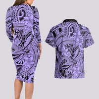 Polynesia Couples Matching Long Sleeve Bodycon Dress and Hawaiian Shirt Tribal Polynesian Spirit With Violet Pacific Flowers LT9 - Wonder Print Shop