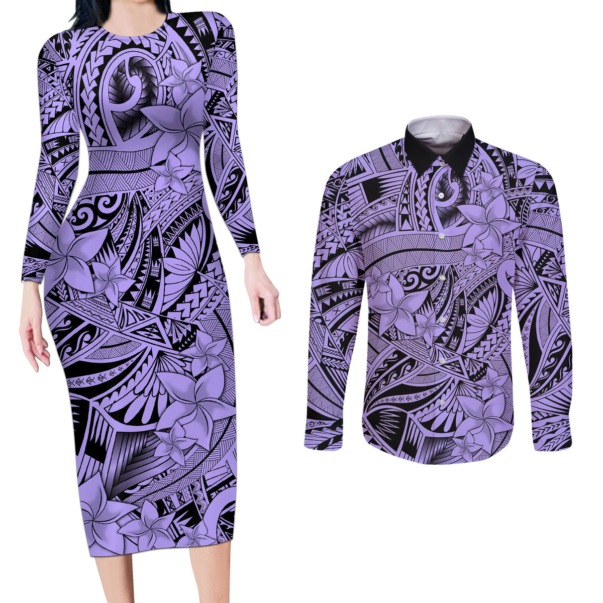 Polynesia Couples Matching Long Sleeve Bodycon Dress and Long Sleeve Button Shirt Tribal Polynesian Spirit With Violet Pacific Flowers LT9 - Wonder Print Shop