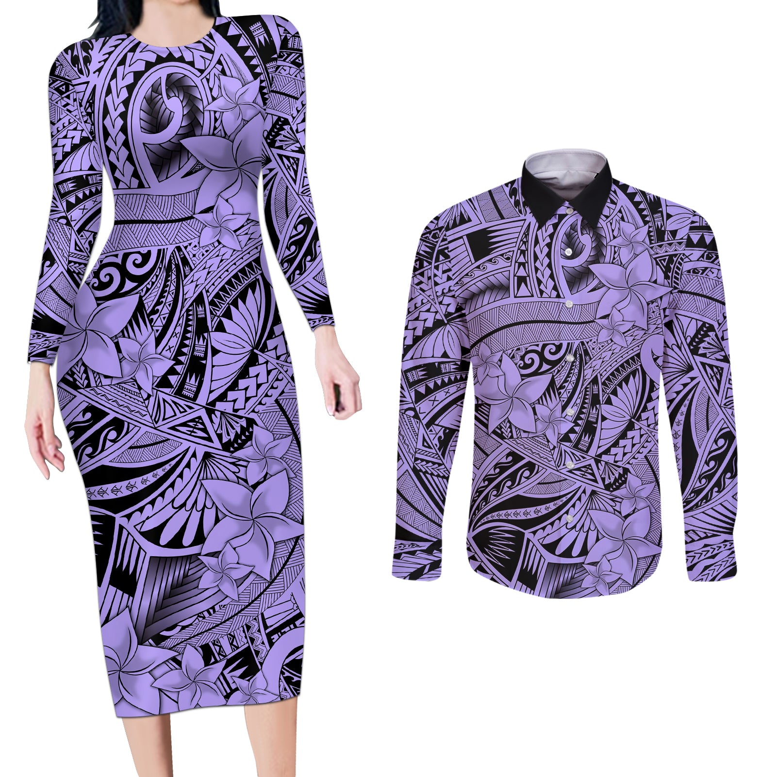 Polynesia Couples Matching Long Sleeve Bodycon Dress and Long Sleeve Button Shirt Tribal Polynesian Spirit With Violet Pacific Flowers LT9 - Wonder Print Shop