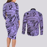 Polynesia Couples Matching Long Sleeve Bodycon Dress and Long Sleeve Button Shirt Tribal Polynesian Spirit With Violet Pacific Flowers LT9 - Wonder Print Shop