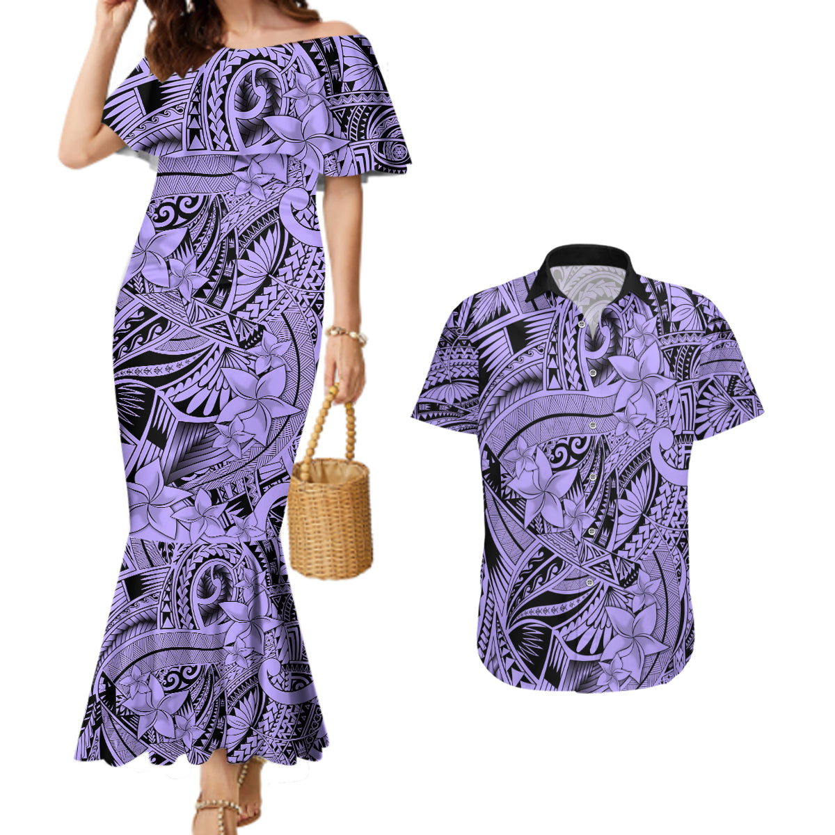 Polynesia Couples Matching Mermaid Dress and Hawaiian Shirt Tribal Polynesian Spirit With Violet Pacific Flowers LT9 - Wonder Print Shop