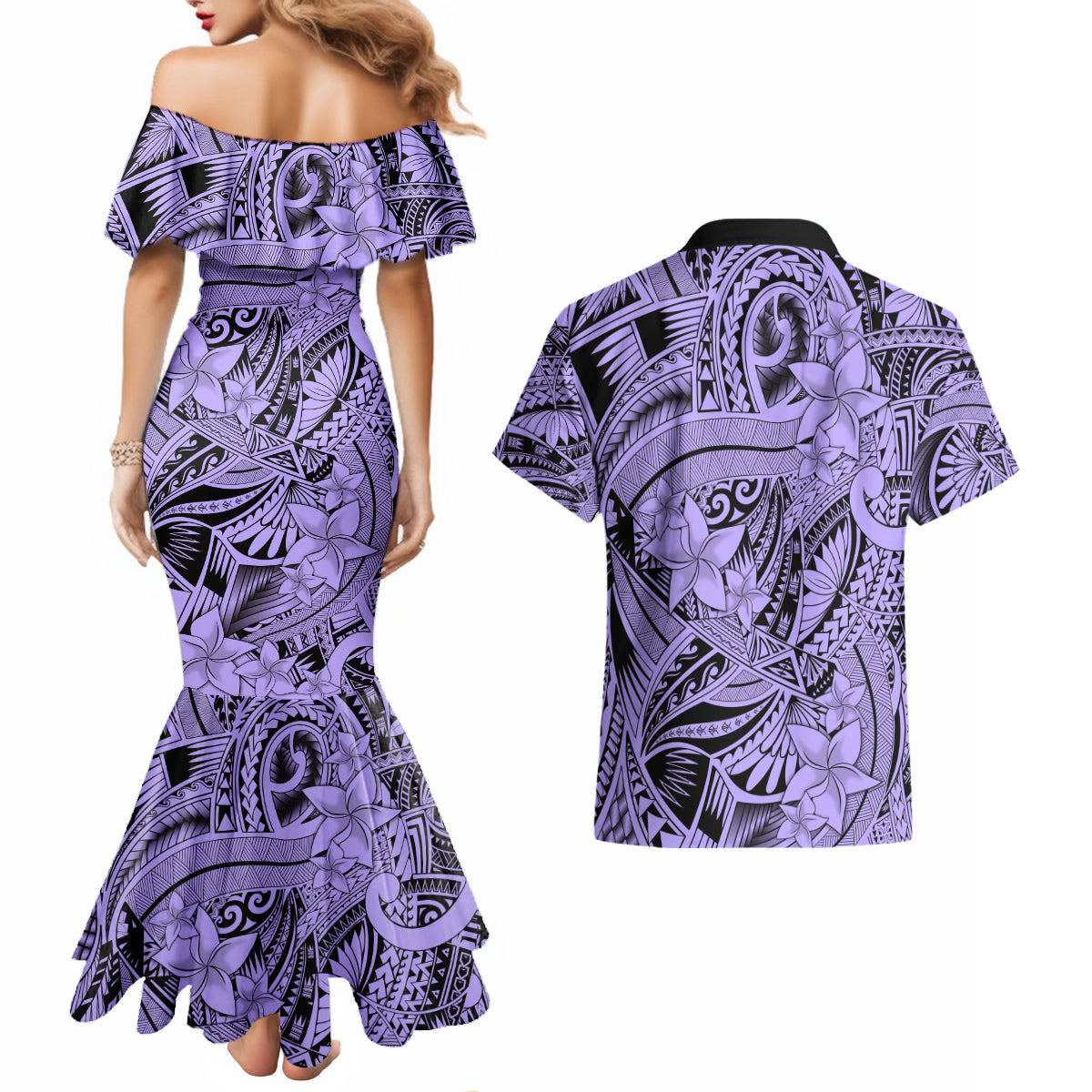 Polynesia Couples Matching Mermaid Dress and Hawaiian Shirt Tribal Polynesian Spirit With Violet Pacific Flowers LT9 - Wonder Print Shop