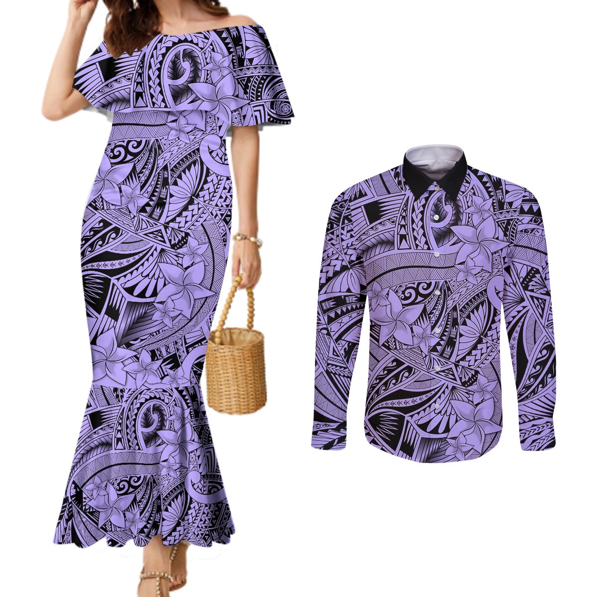 polynesia-couples-matching-mermaid-dress-and-long-sleeve-button-shirt-tribal-polynesian-spirit-with-violet-pacific-flowers