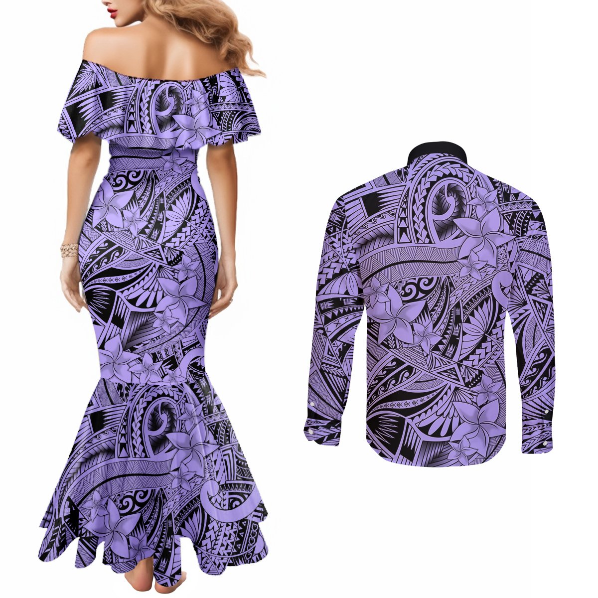 polynesia-couples-matching-mermaid-dress-and-long-sleeve-button-shirt-tribal-polynesian-spirit-with-violet-pacific-flowers