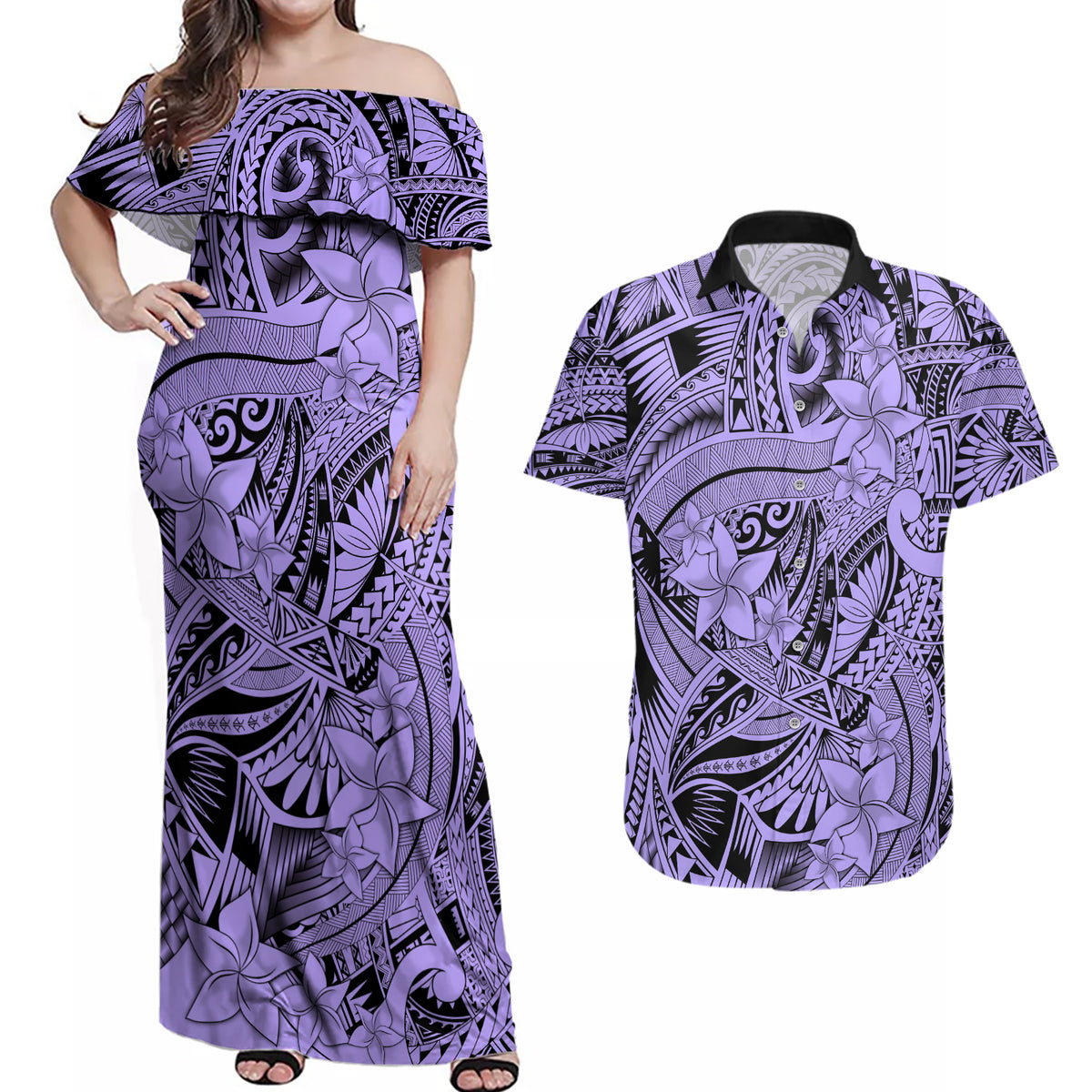 Polynesia Couples Matching Off Shoulder Maxi Dress and Hawaiian Shirt Tribal Polynesian Spirit With Violet Pacific Flowers LT9 - Wonder Print Shop