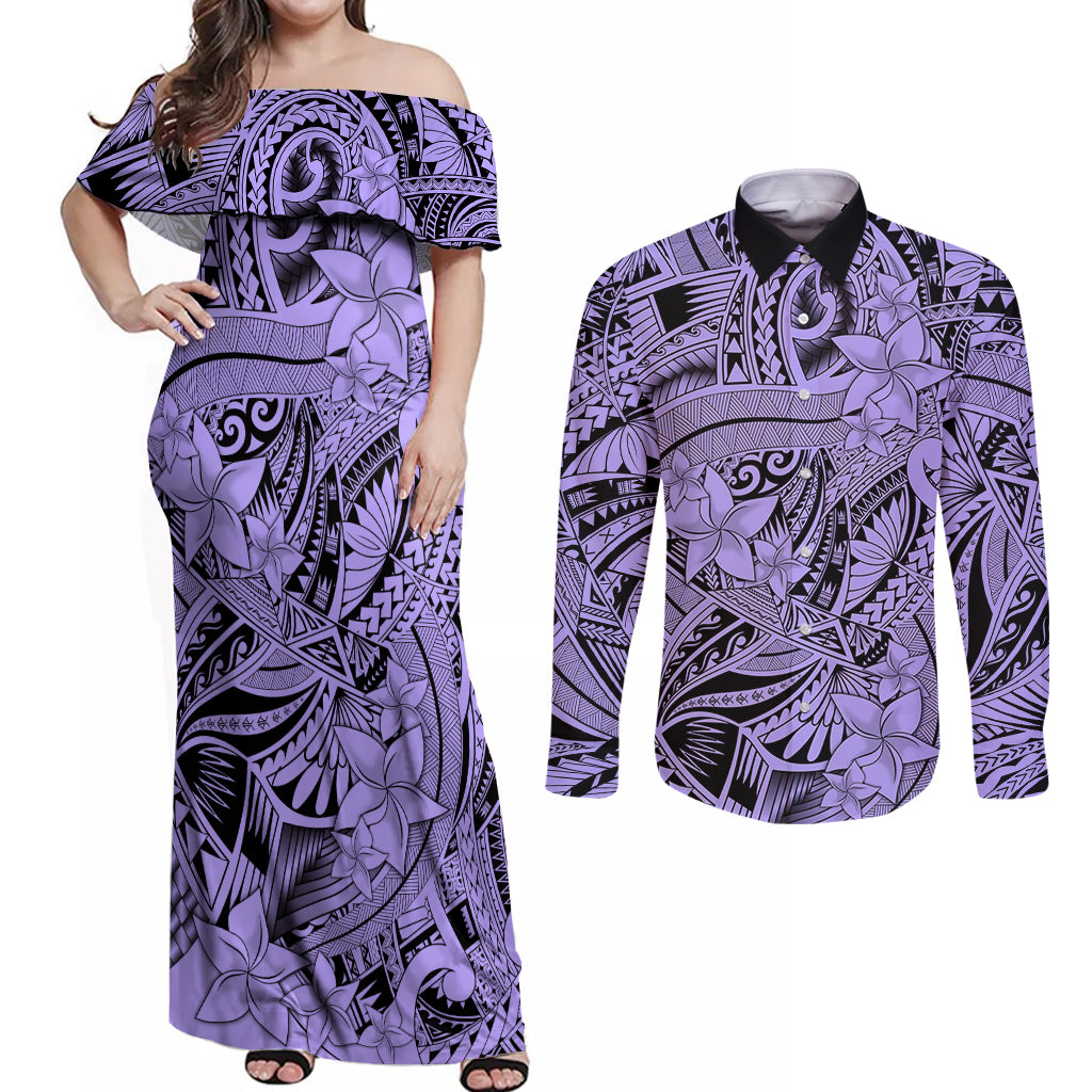 Polynesia Couples Matching Off Shoulder Maxi Dress and Long Sleeve Button Shirt Tribal Polynesian Spirit With Violet Pacific Flowers LT9 - Wonder Print Shop