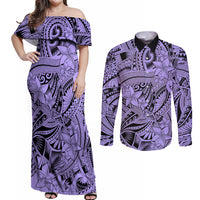 Polynesia Couples Matching Off Shoulder Maxi Dress and Long Sleeve Button Shirt Tribal Polynesian Spirit With Violet Pacific Flowers LT9 - Wonder Print Shop