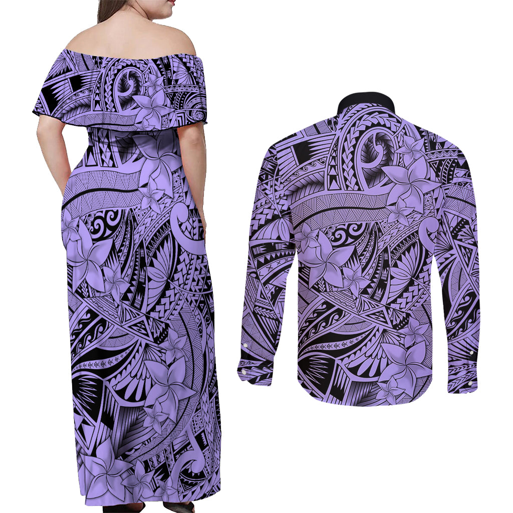 Polynesia Couples Matching Off Shoulder Maxi Dress and Long Sleeve Button Shirt Tribal Polynesian Spirit With Violet Pacific Flowers LT9 - Wonder Print Shop